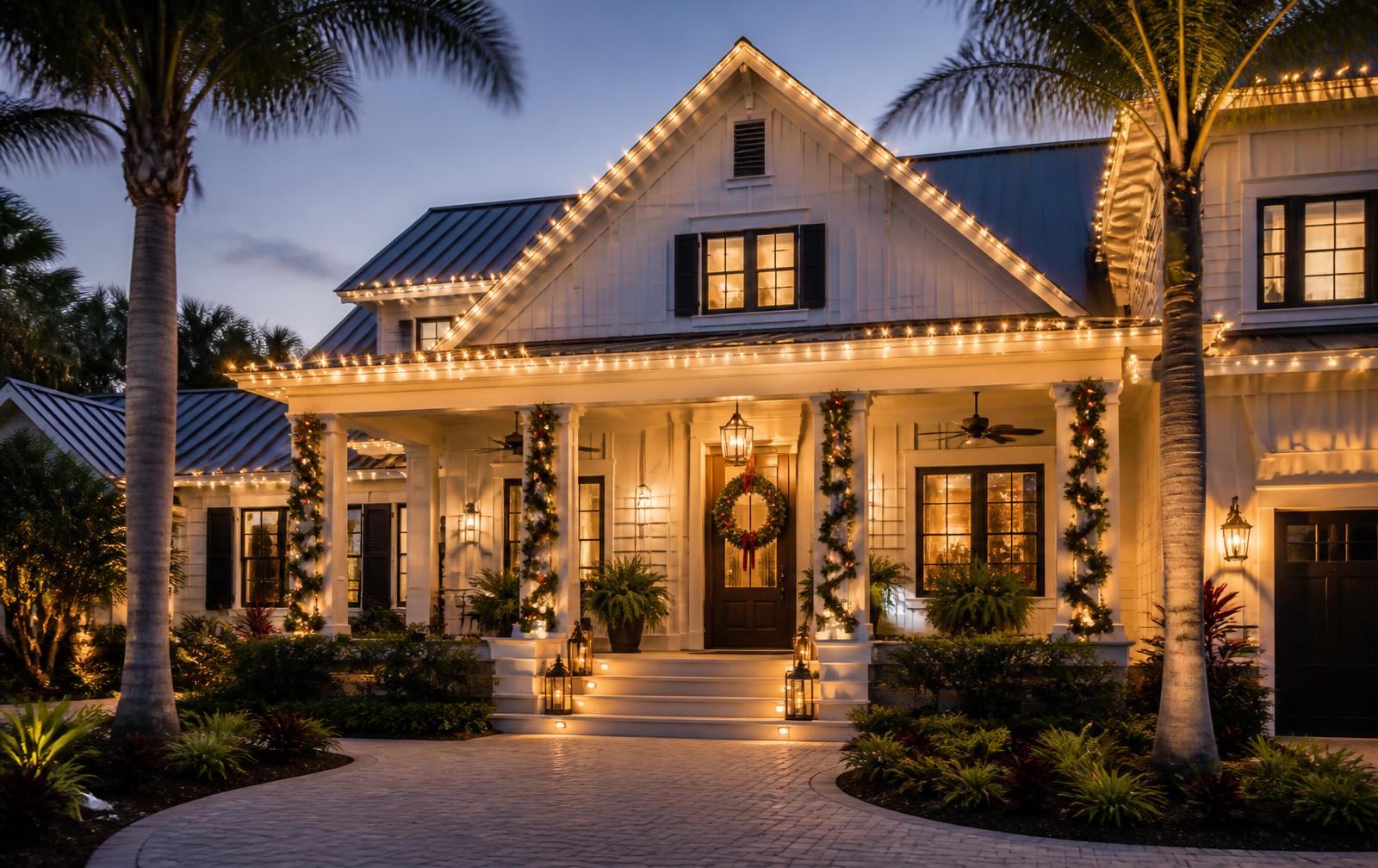 Rental home decorated with Christmas garland and a designer wreath